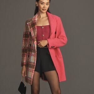NVLT NWT Anthropologie Pink Colorblock Teddy Longline Boucle Plaid Coat Medium